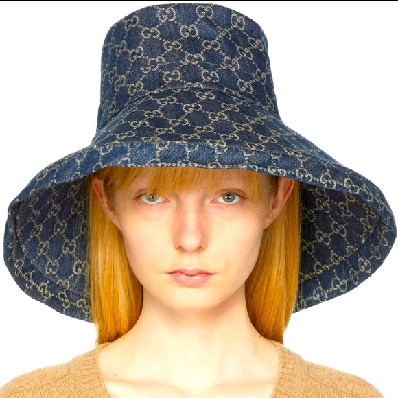 Brim Accessories - Denim Monogram Bucket Hat Wide Large Brim Jacquard Navy Blue Beach